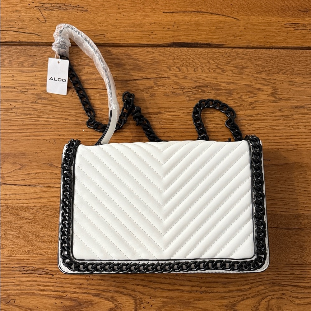 Aldo Chevron Quilted White Shoulder Bag with Black Chain
